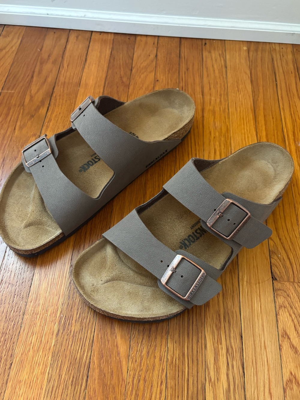 Birkenstock Two-Strap Slides in Light Brown with Copper Buckles